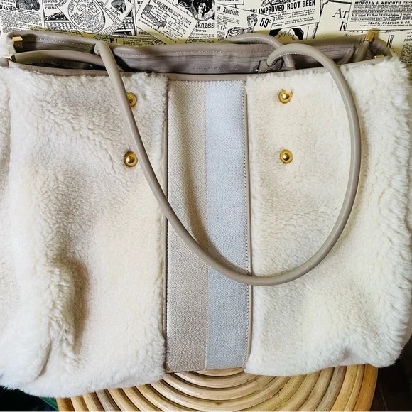 🆕 Kate Spade Everything Racing Stripe Faux Shearling Large Tote Cream Multi Bag
